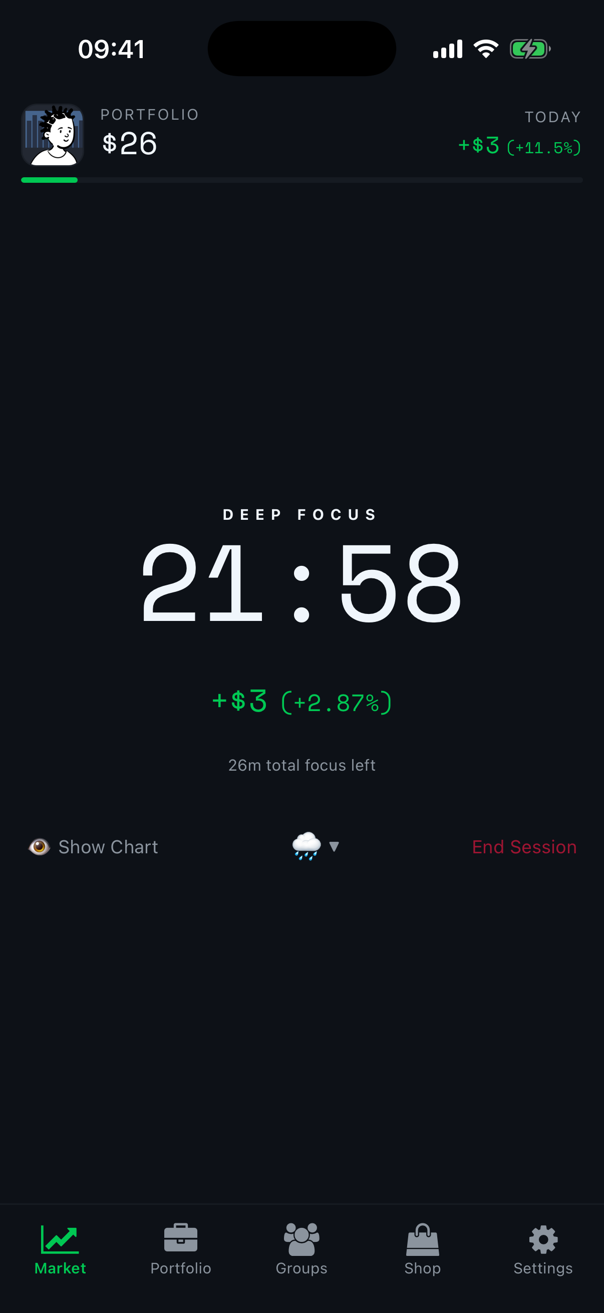 Minimal focus mode with DEEP FOCUS timer and rain ambient sound
