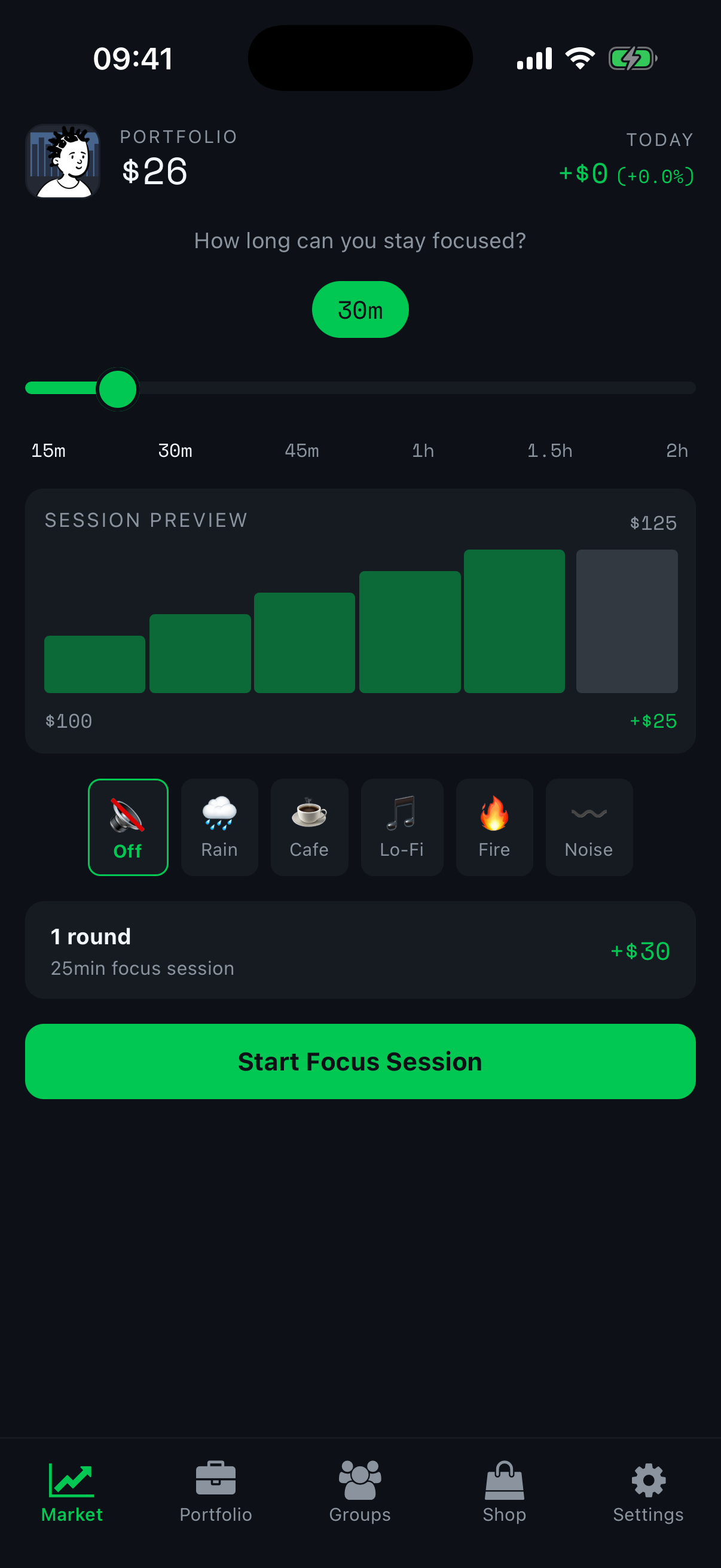 Session setup with duration slider, ambient sounds, and session preview chart