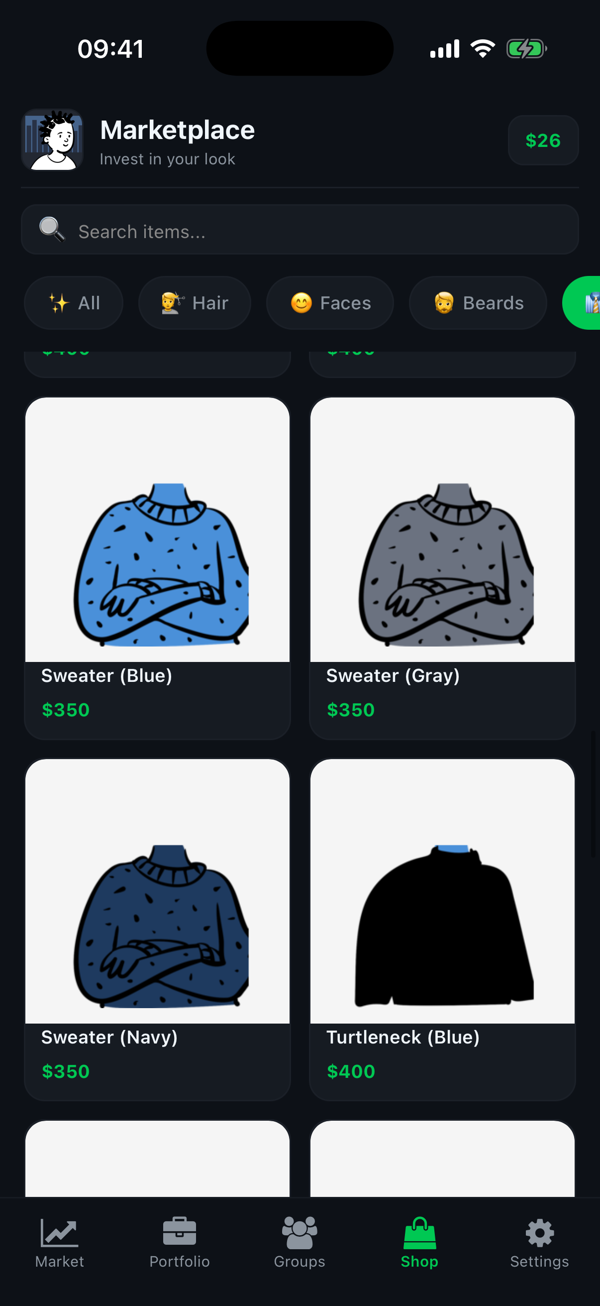 Marketplace showing sweaters and clothing items with prices