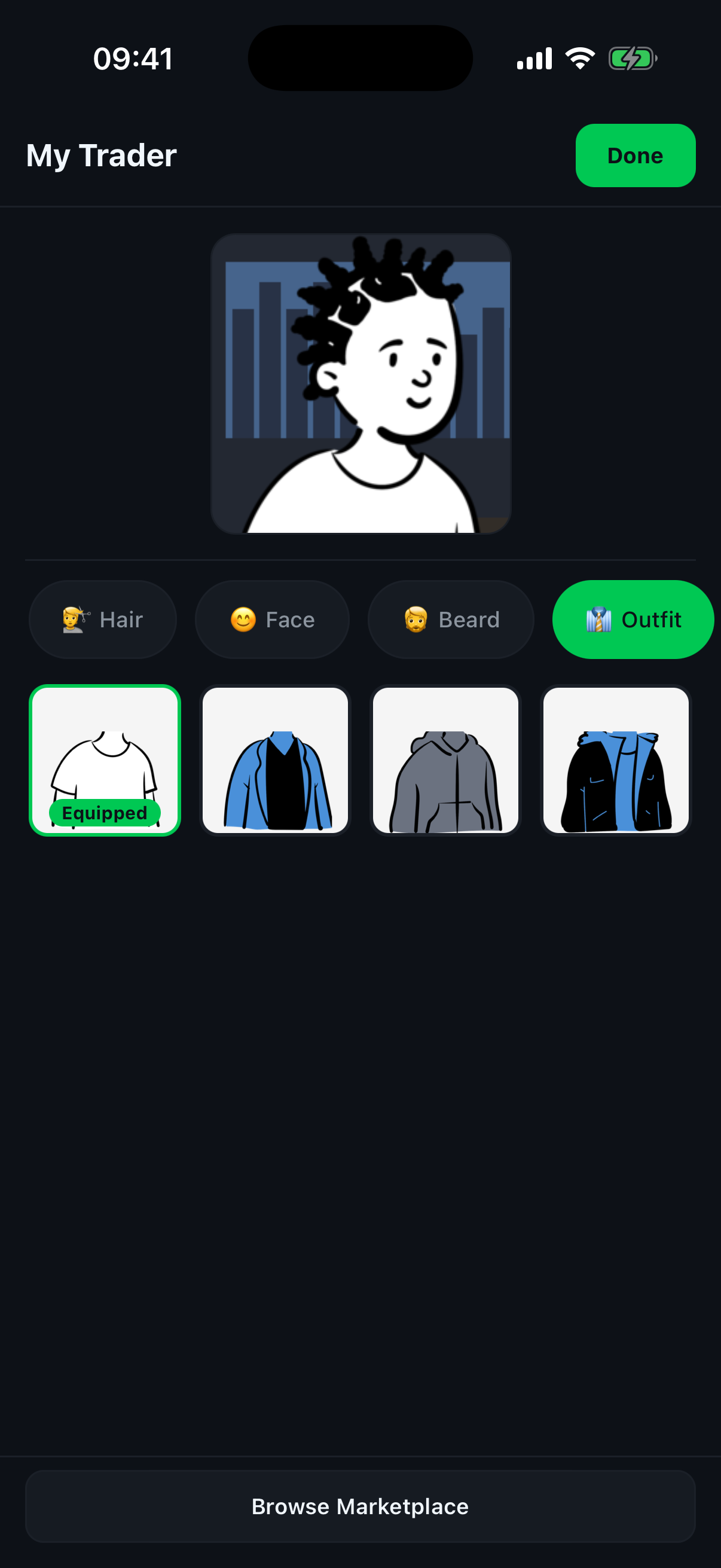 My Trader dressing room with avatar preview and outfit selection